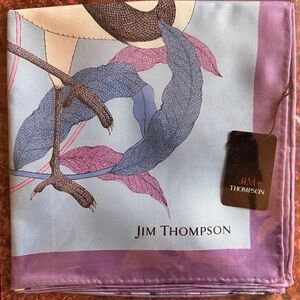 Jim Thompson 100% silk scarf 33” X 33” Made in Thailand Blue White & Mauve. NWT